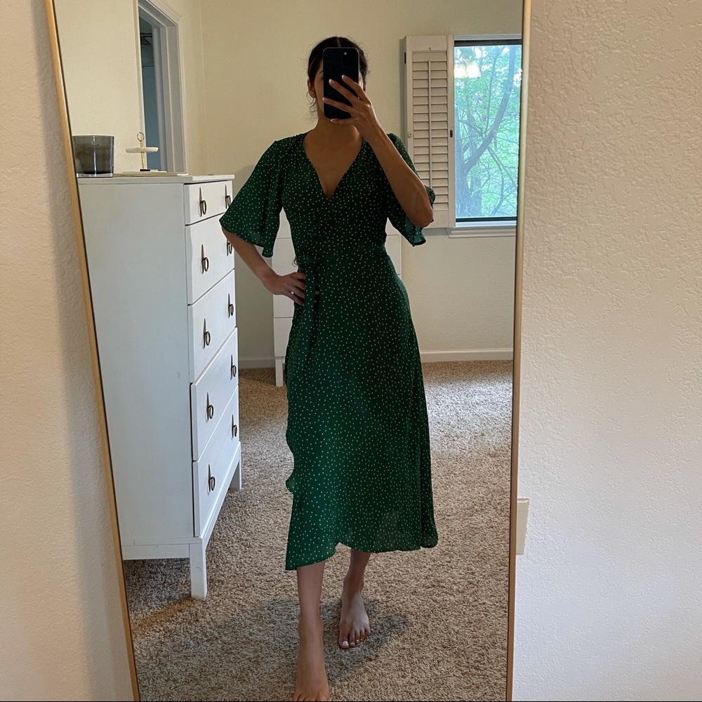 Forest green white polka-dot wrap midi dress